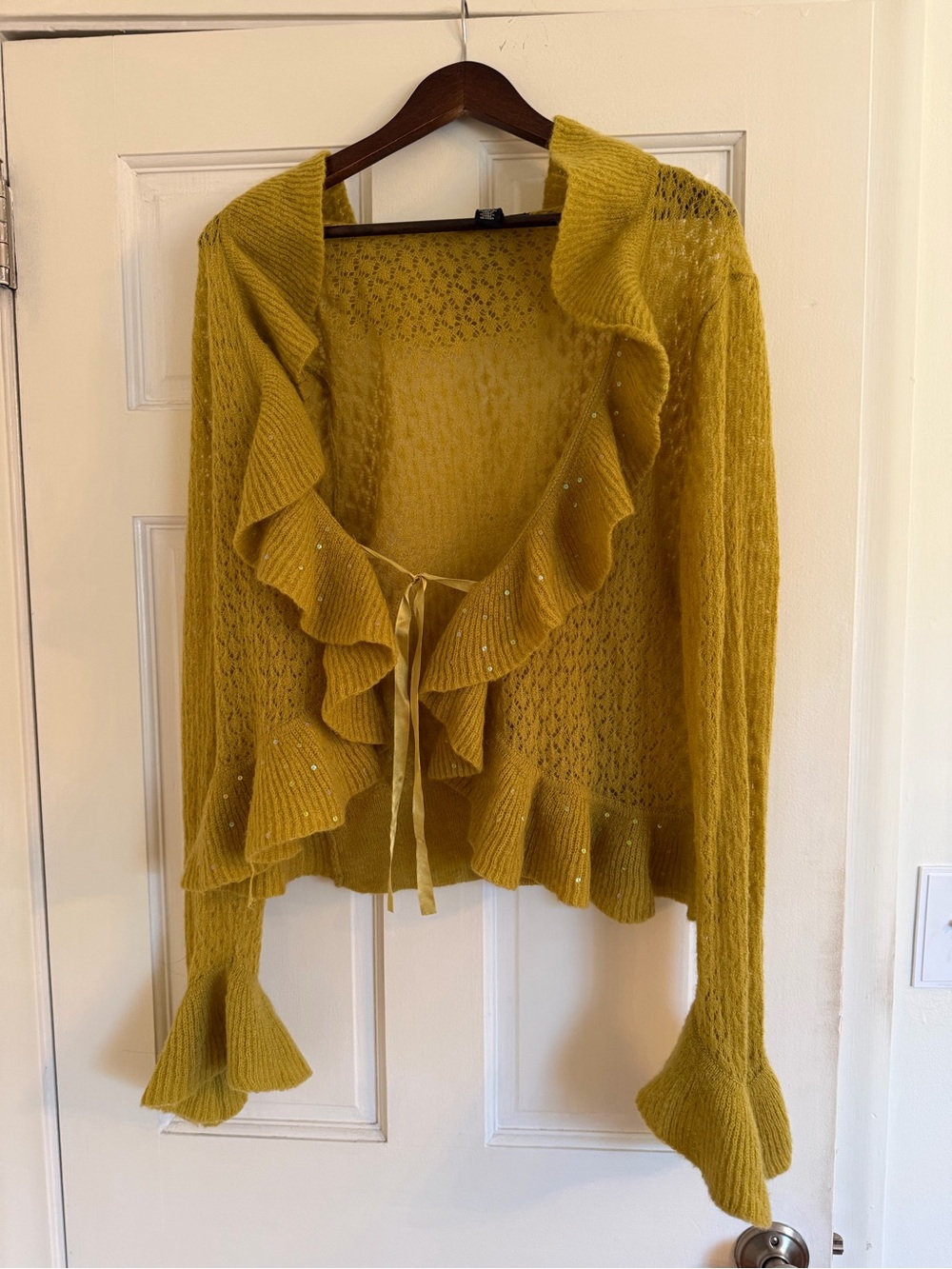 Apostrophe Mustard Ruffle Tie-Front Cardigan